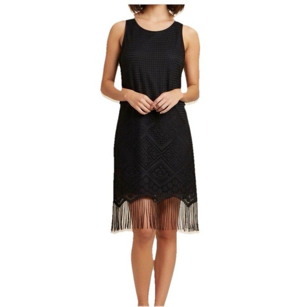 Vintage Black Fringe Mini Dress Womens M Flapper Gatsby 1920s Showgirl Costume